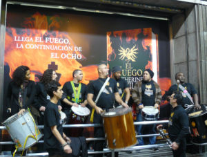 Drummers in the street for the book signing, bringing a festive atmosphere