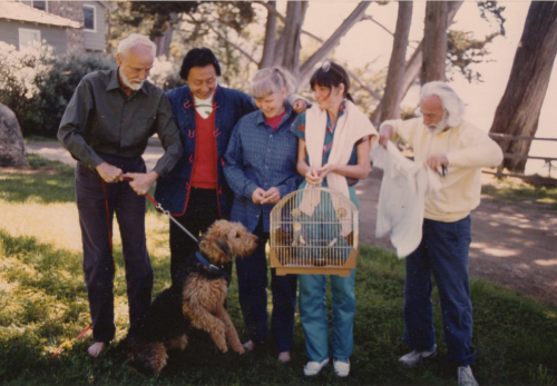 Huston Smith & dog, Chungliang Al Huang, Kendra Smith, Katherine, Tootie the bird, Karl Pribram 