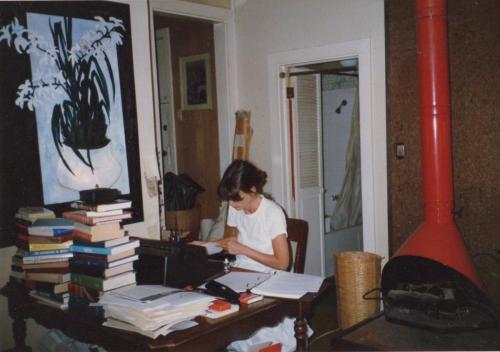 Katherine writing in the Sausalito Treehouse (1980s)